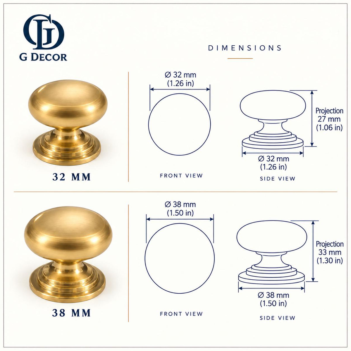 Size drawing of the aged brass Victorian cabinet knob in 32mm and 38mm
