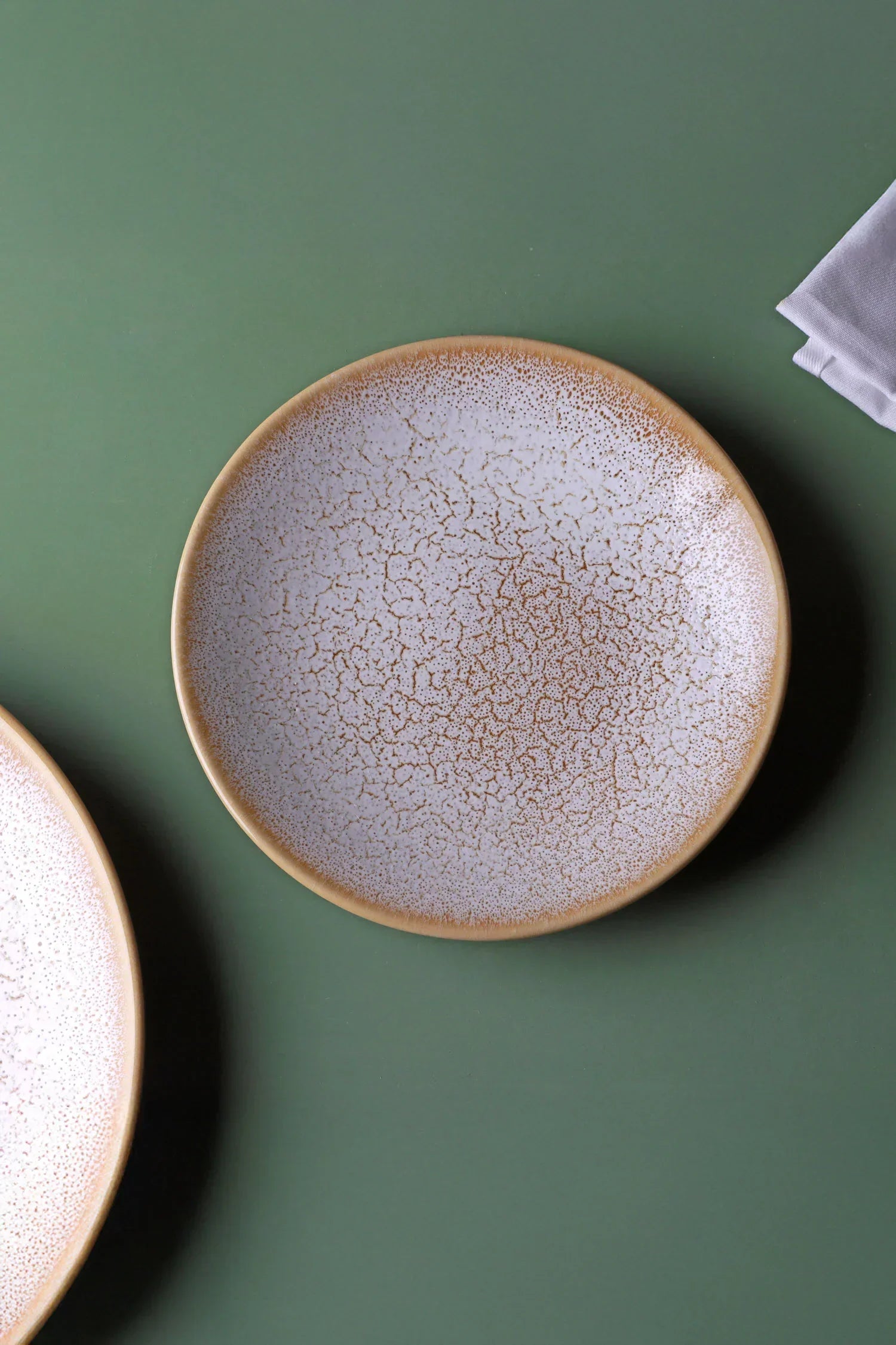 Amber Dawn Crackle Glaze Ceramic Dinner Plates Side Plates and Bowls — lifestyle view, G Decor