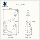 Size drawing of the ball finial hook: 91 mm (3.58 in) tall, sticks out 50 mm (1.97 in), back plate 32 mm (1.26 in) wide, screw holes 17 mm (0.67 in) apart