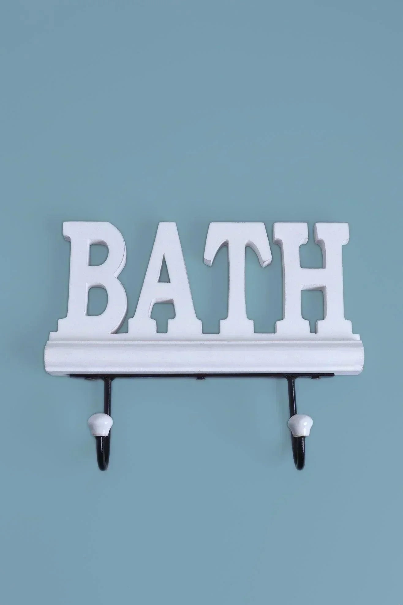 Bath White Wooden Sign Wall Rack Hook — close-up view, G Decor