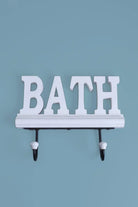 Bath White Wooden Sign Wall Rack Hook — close-up view, G Decor