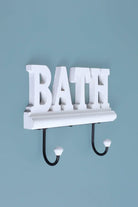 Bath Wall Hook Rack Large White Wooden Sign with 2 Iron Towel Hooks - G Decor