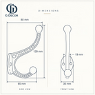 Size drawing of the beaded double hook: 129 mm (5.08 in) tall, sticks out 80 mm (3.15 in), back plate 35 mm (1.38 in) wide, screw holes 19 mm (0.75 in) apart