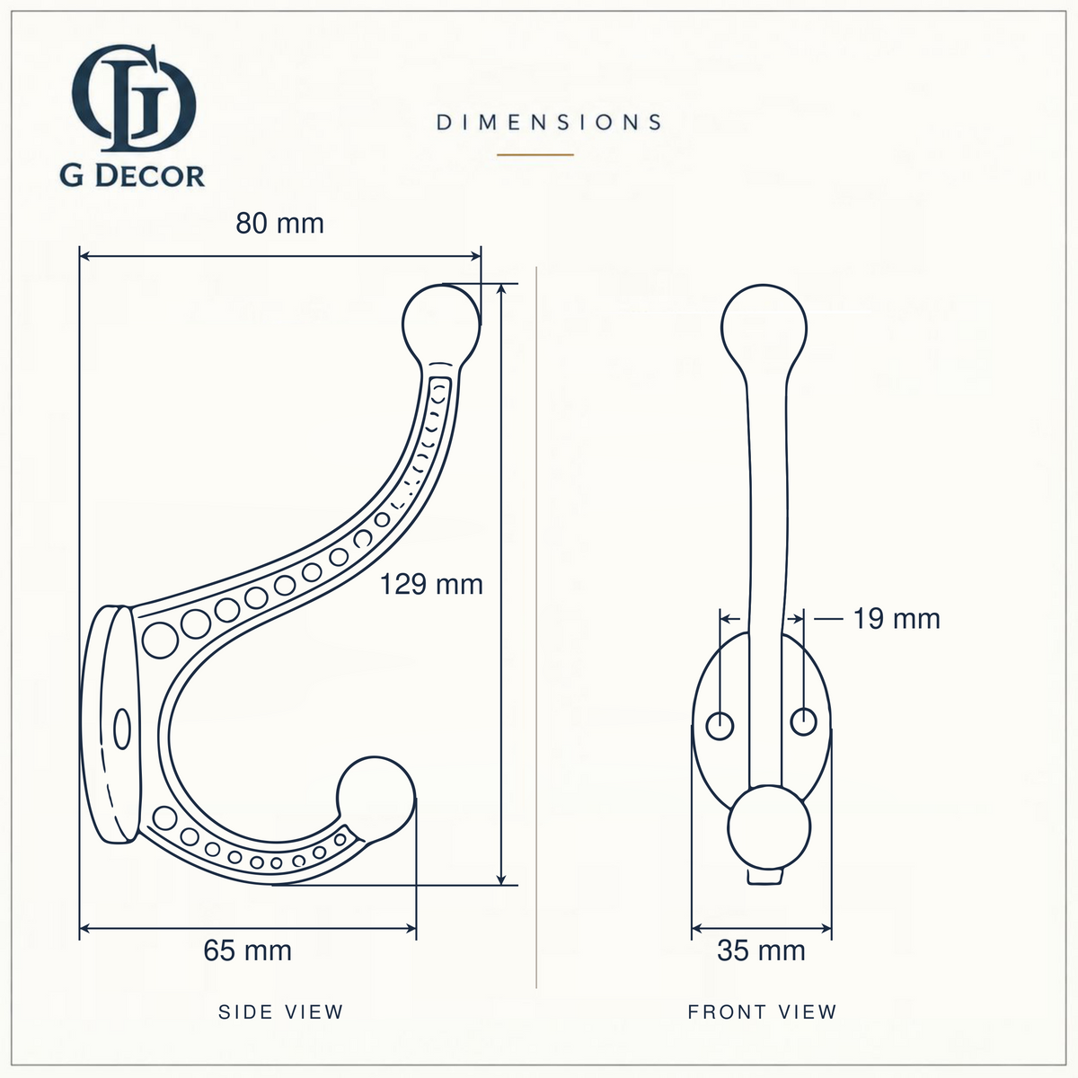 Size drawing of the beaded double hook: 129 mm (5.08 in) tall, sticks out 80 mm (3.15 in), back plate 35 mm (1.38 in) wide, screw holes 19 mm (0.75 in) apart