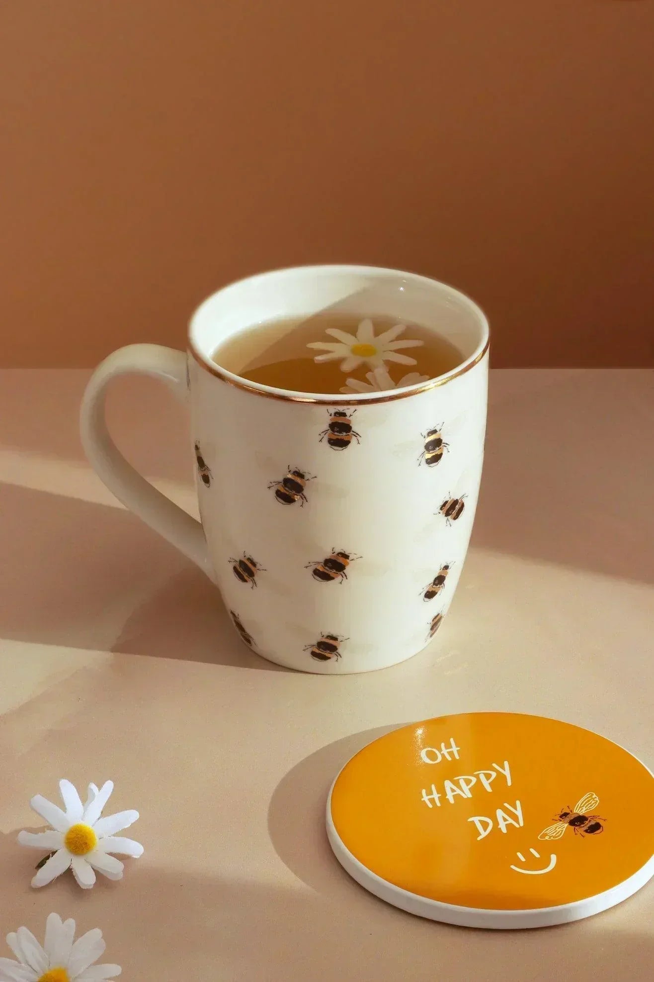Bee Happy Mug &amp; Coaster Gift Set Gold Large Cute Ceramic Cup with Matching Coaster - G Decor