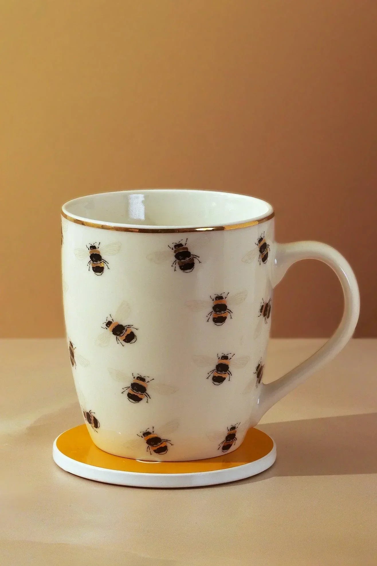 Bee Happy Mug &amp; Coaster Gift Set Gold Large Cute Ceramic Cup with Matching Coaster - G Decor