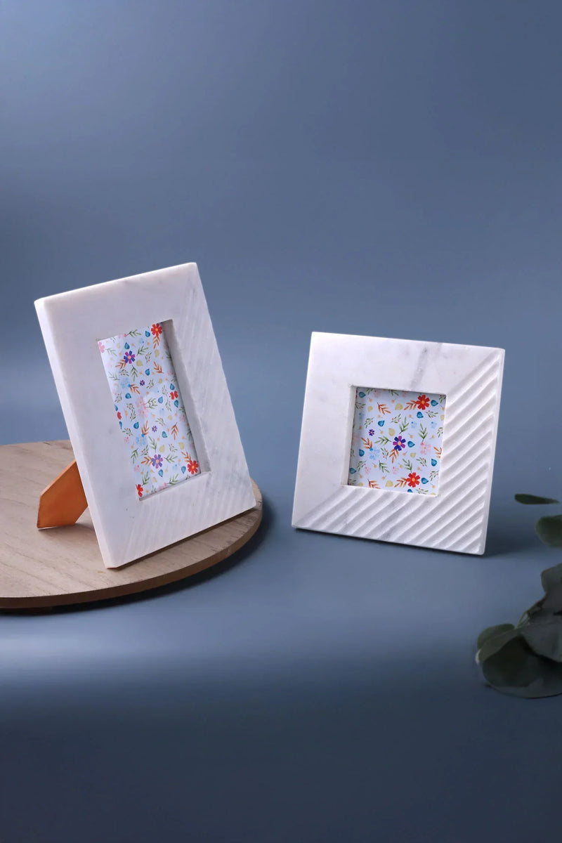 Bianca Romana Marble Photo Frame with Diagonal Carving