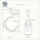 Size drawing of the bird hook: 101 mm (3.98 in) tall, sticks out 70 mm (2.76 in), back plate 32 mm (1.26 in) wide, screw holes 17 mm (0.67 in) apart