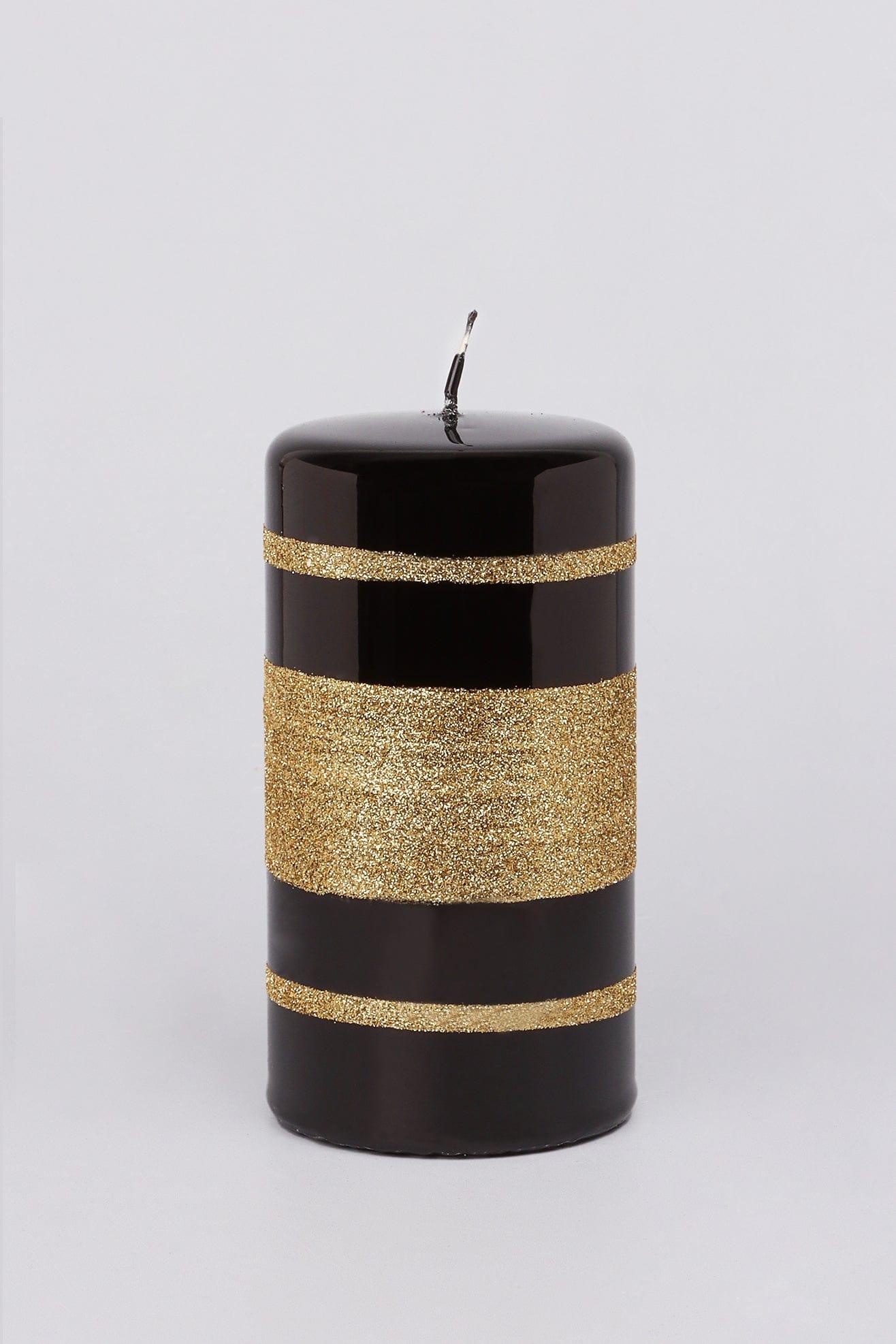 G Decor Candles & Candle Holders Black / Large Pillar Black and Gold Glass Effect Striped Glitter Gloss Ball Pillar Candles