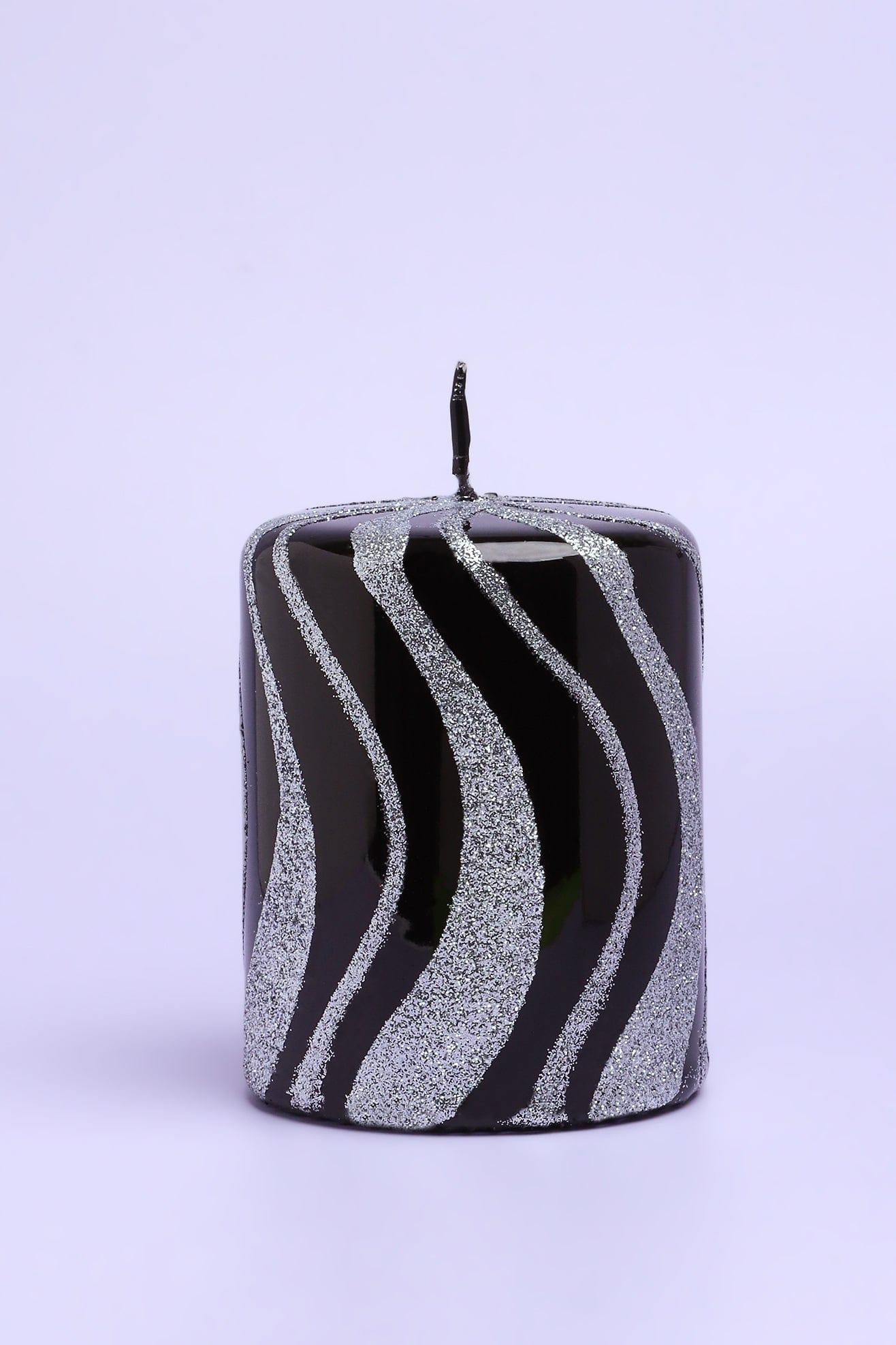 G Decor Candles & Candle Holders Black / Small Pillar Black and Silver Spiral Glitter Glass Effect Reflecting Gloss Pillar Candles