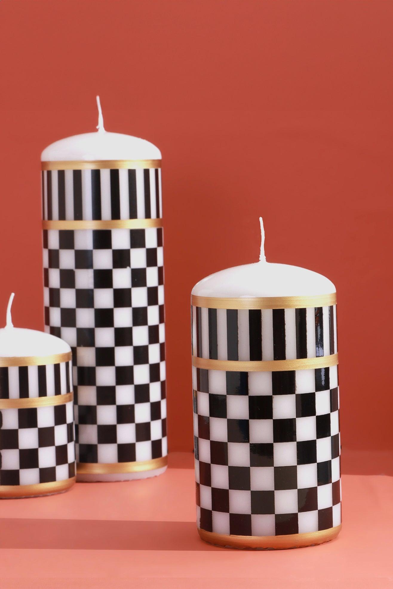 Black and White Checkered Candles with Gold Accent - G Decor