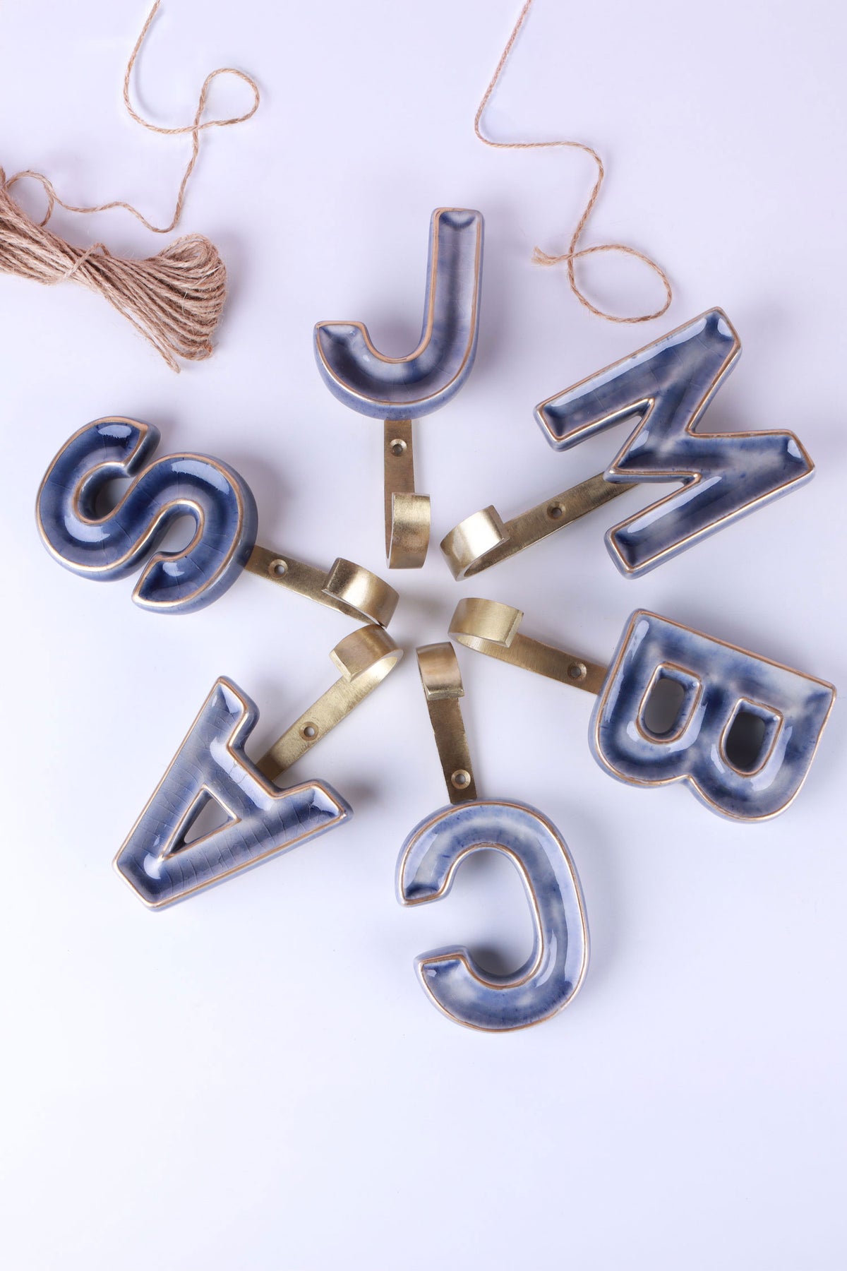 Blue ceramic letter hooks, fourth view