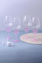 Blush Bow Handmade Set of Four Pink Wine Glasses – Delicate Bow Design Stemware - G Decor
