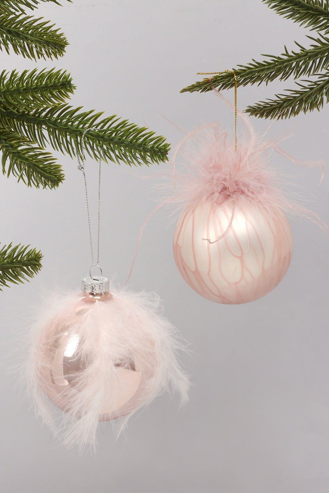 Blush Pink Glass Christmas Tree Bauble with Soft Feather Trim Glamorous Hanging Ornament - G Decor