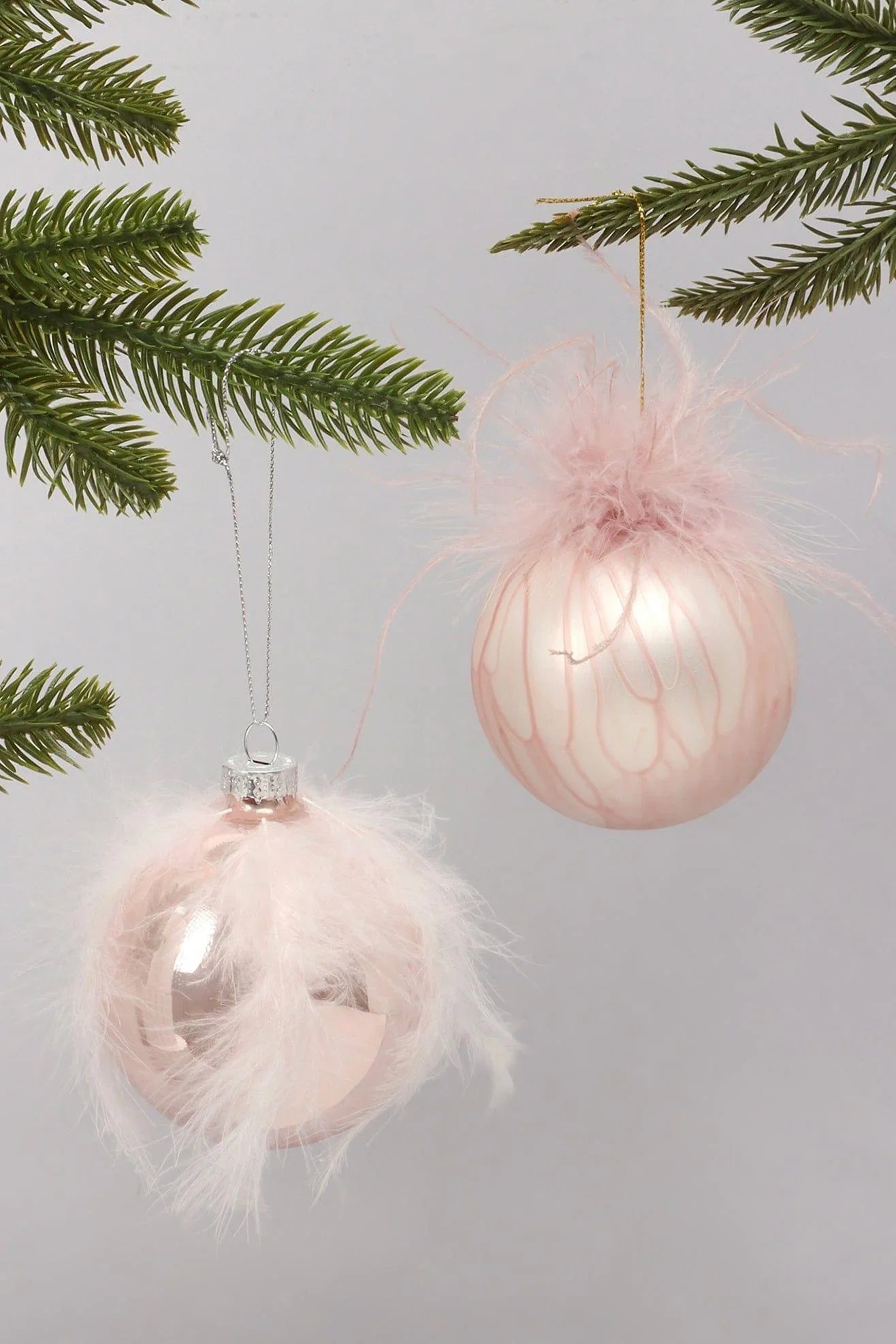 Blush Pink Glass Christmas Bauble with Soft Feather Trim