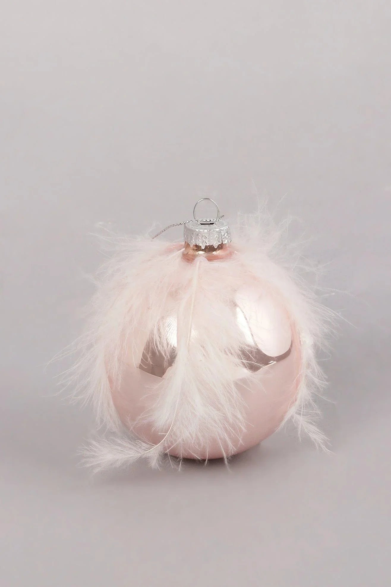 Blush Pink Glass Christmas Bauble with Soft Feather Trim — alternate view, G Decor