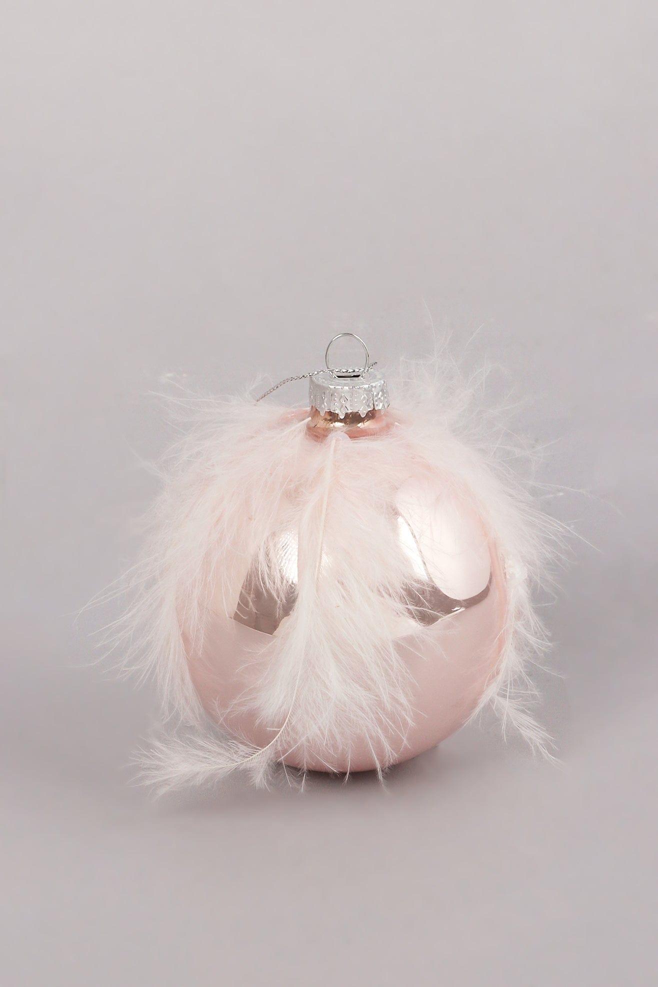 Blush Pink Glass Christmas Tree Bauble with Soft Feather Trim Glamorous Hanging Ornament - G Decor