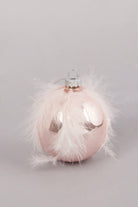 Blush Pink Glass Christmas Tree Bauble with Soft Feather Trim Glamorous Hanging Ornament - G Decor