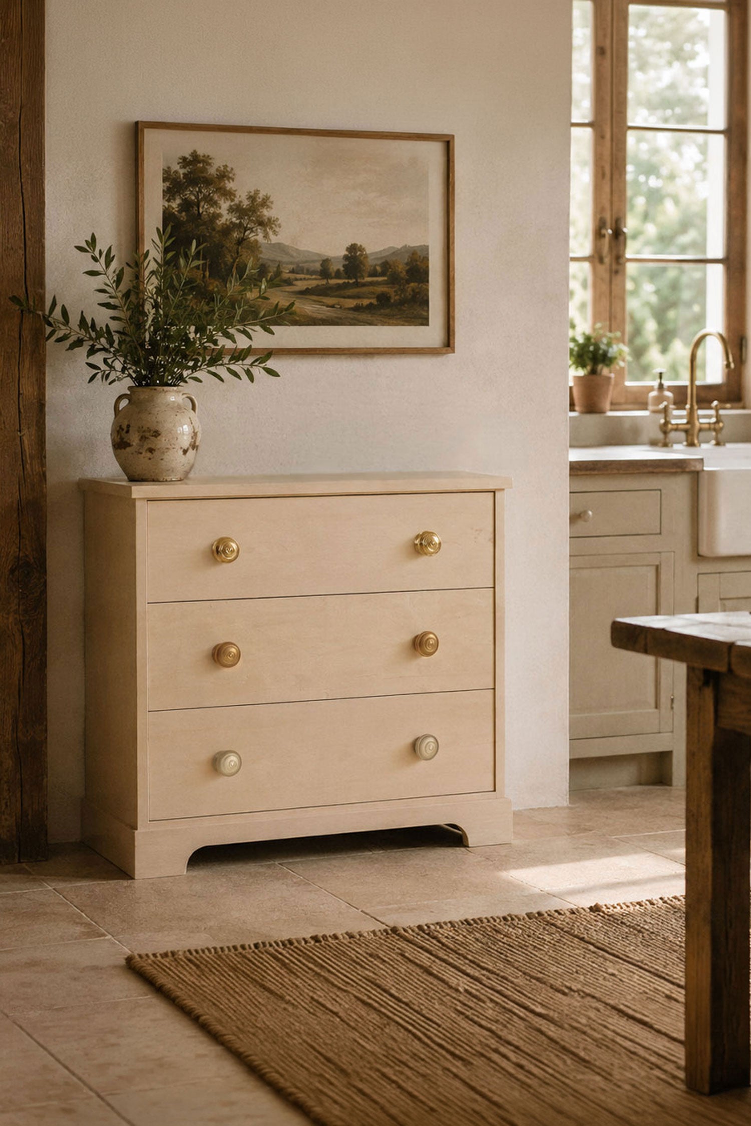 Bloxwich brass cabinet knobs fitted to a painted chest of drawers