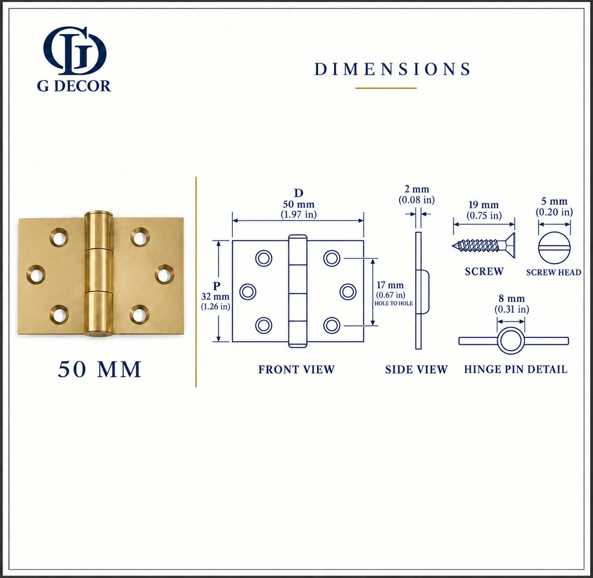 Size drawing: brass backflap hinge