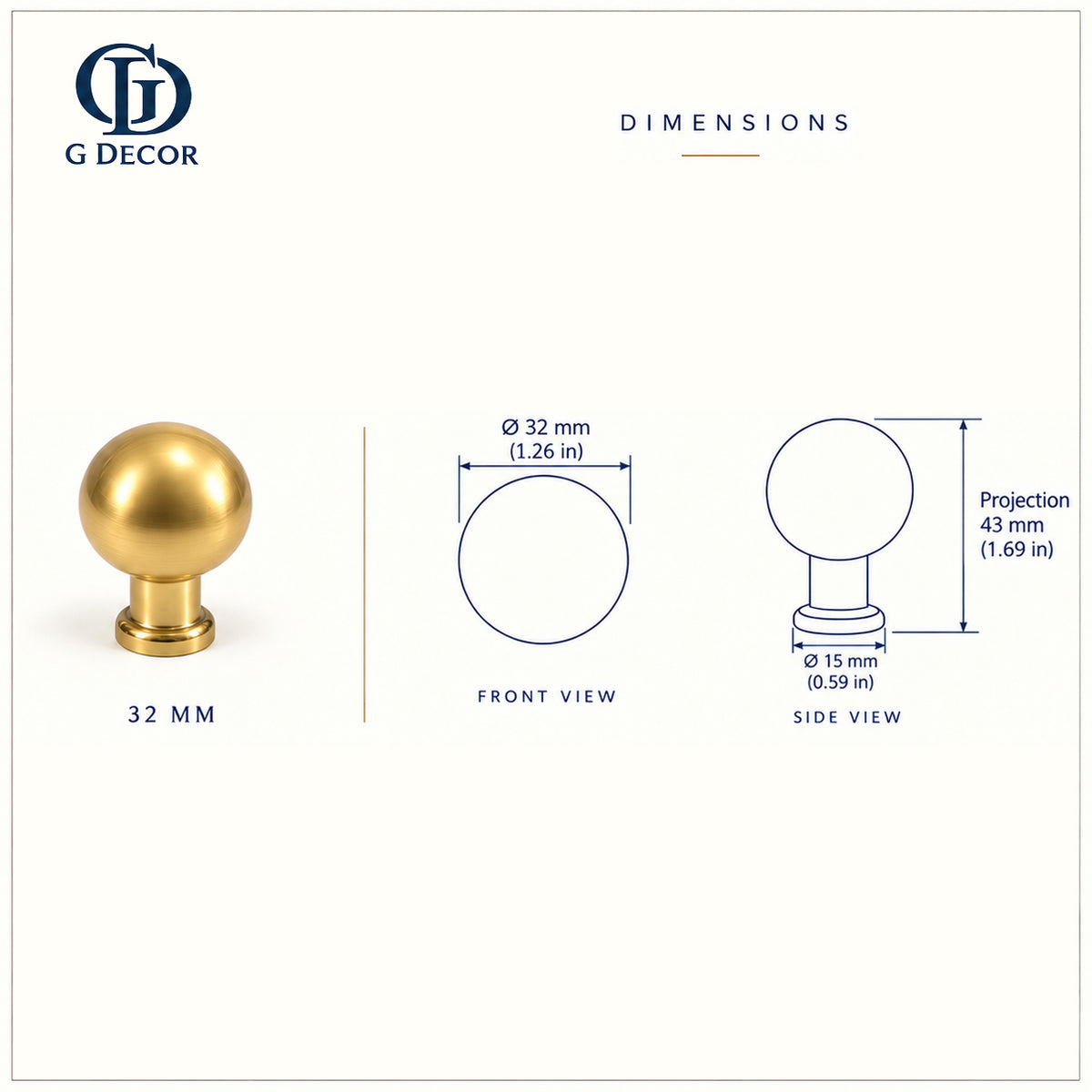 Size drawing: brass ball cabinet knob