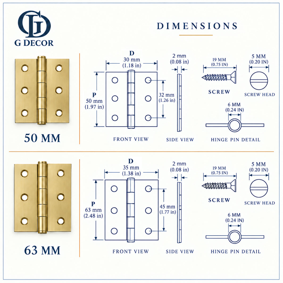 Size drawing of the brass butt hinge: 2 inch is 50mm high × 30mm wide open, 2.5 inch is 63mm high × 35mm wide open