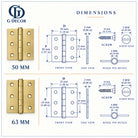 Size drawing of the brass butt hinge: 2 inch is 50mm high × 30mm wide open, 2.5 inch is 63mm high × 35mm wide open