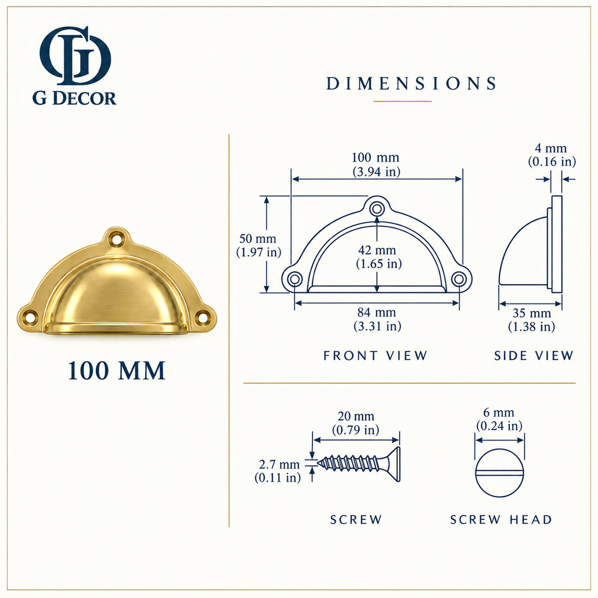 Size drawing: brass classic cup pull