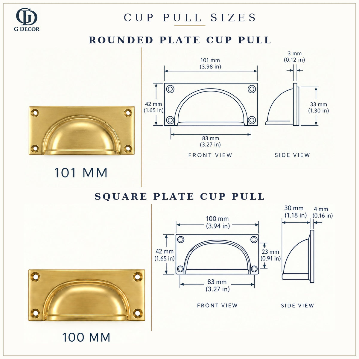 Size drawings: rounded plate and square plate cup pulls