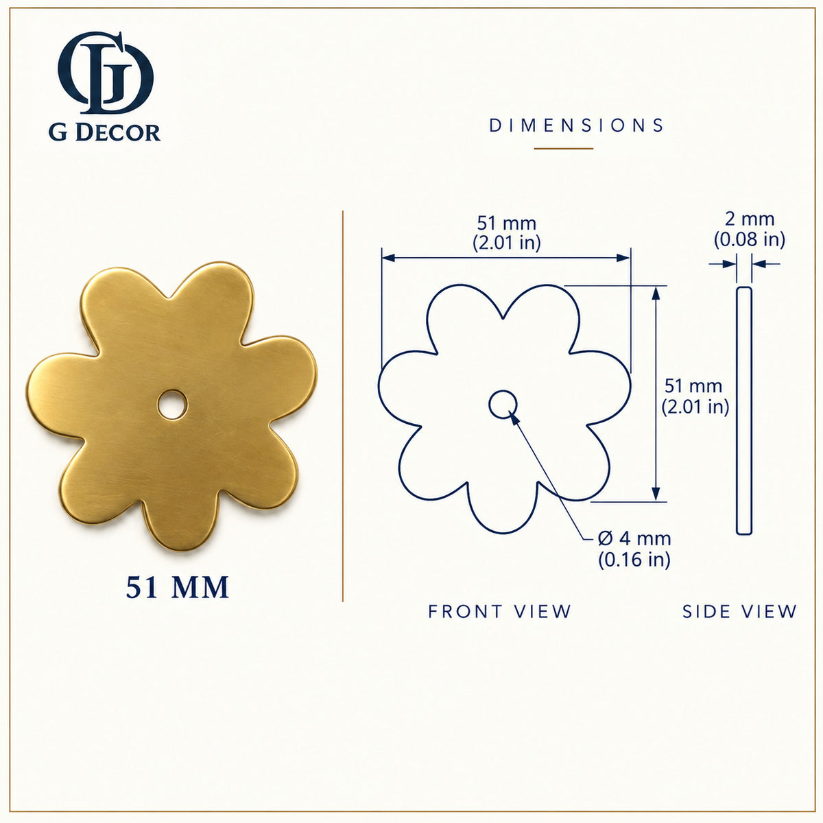 Size drawing: brass flower backplate 51mm