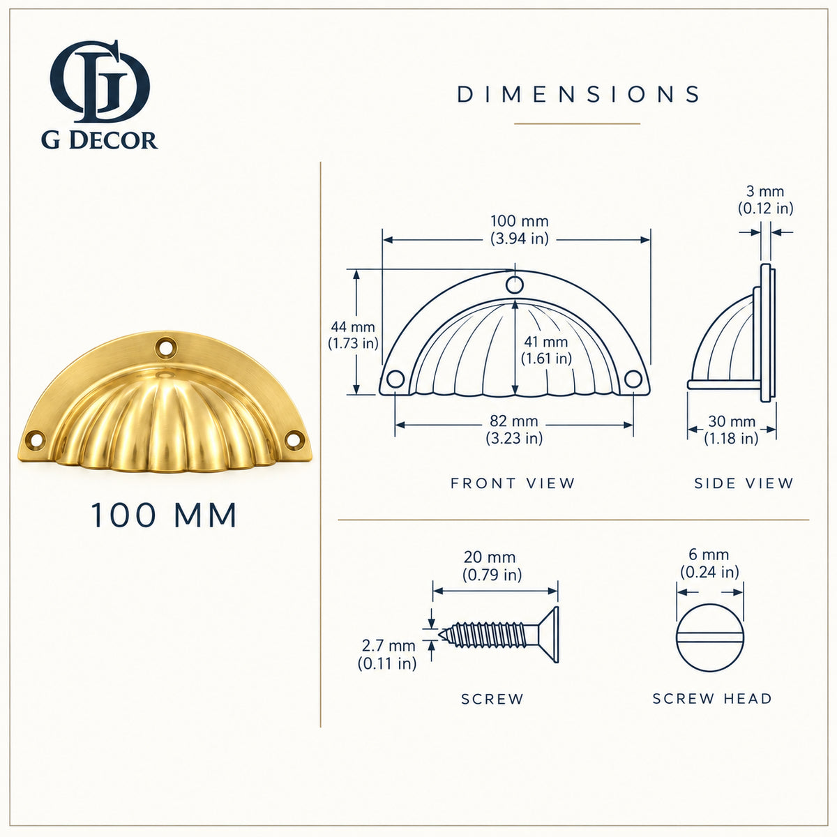Size drawing: brass fluted cup pull