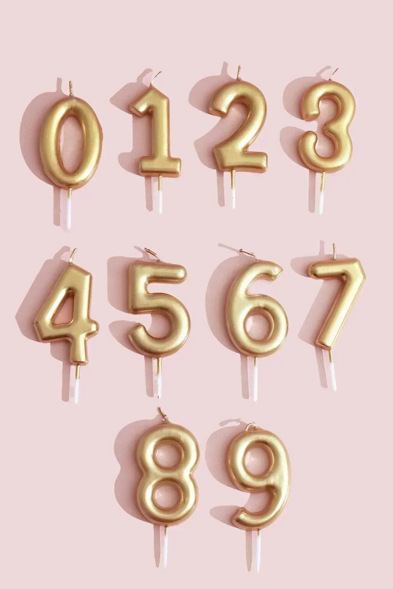 Brass Gold Number Birthday Cake Candles 0 to 9 — close-up view, G Decor