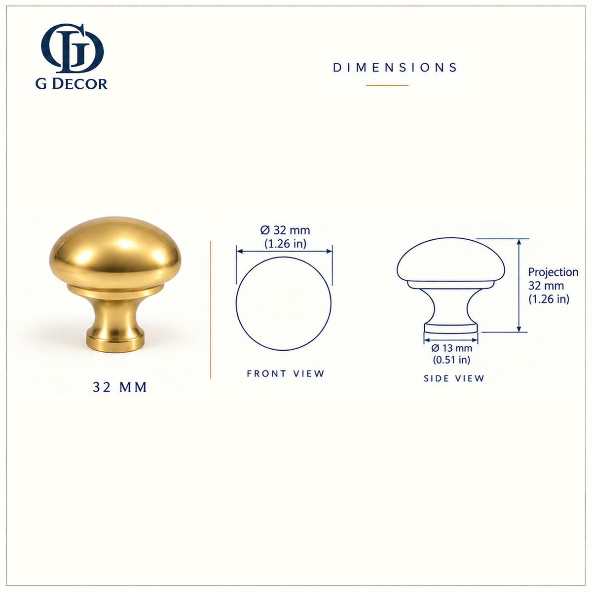 Size drawing: brass mushroom cabinet knob