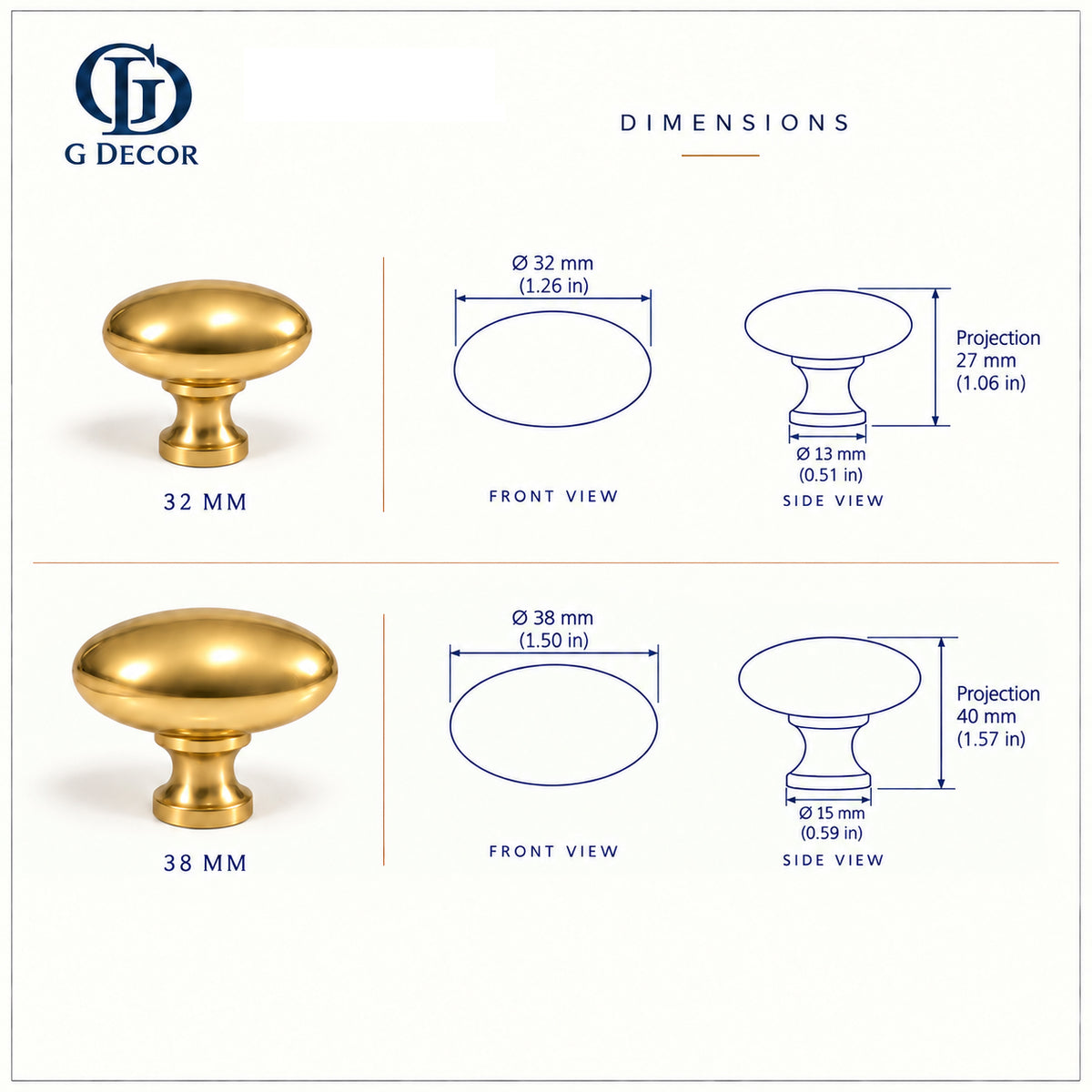 Size drawing: brass oval cabinet knob