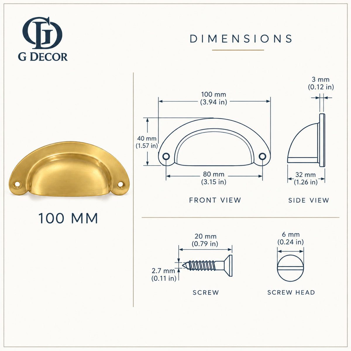 Size drawing: brass slim crescent cup pull