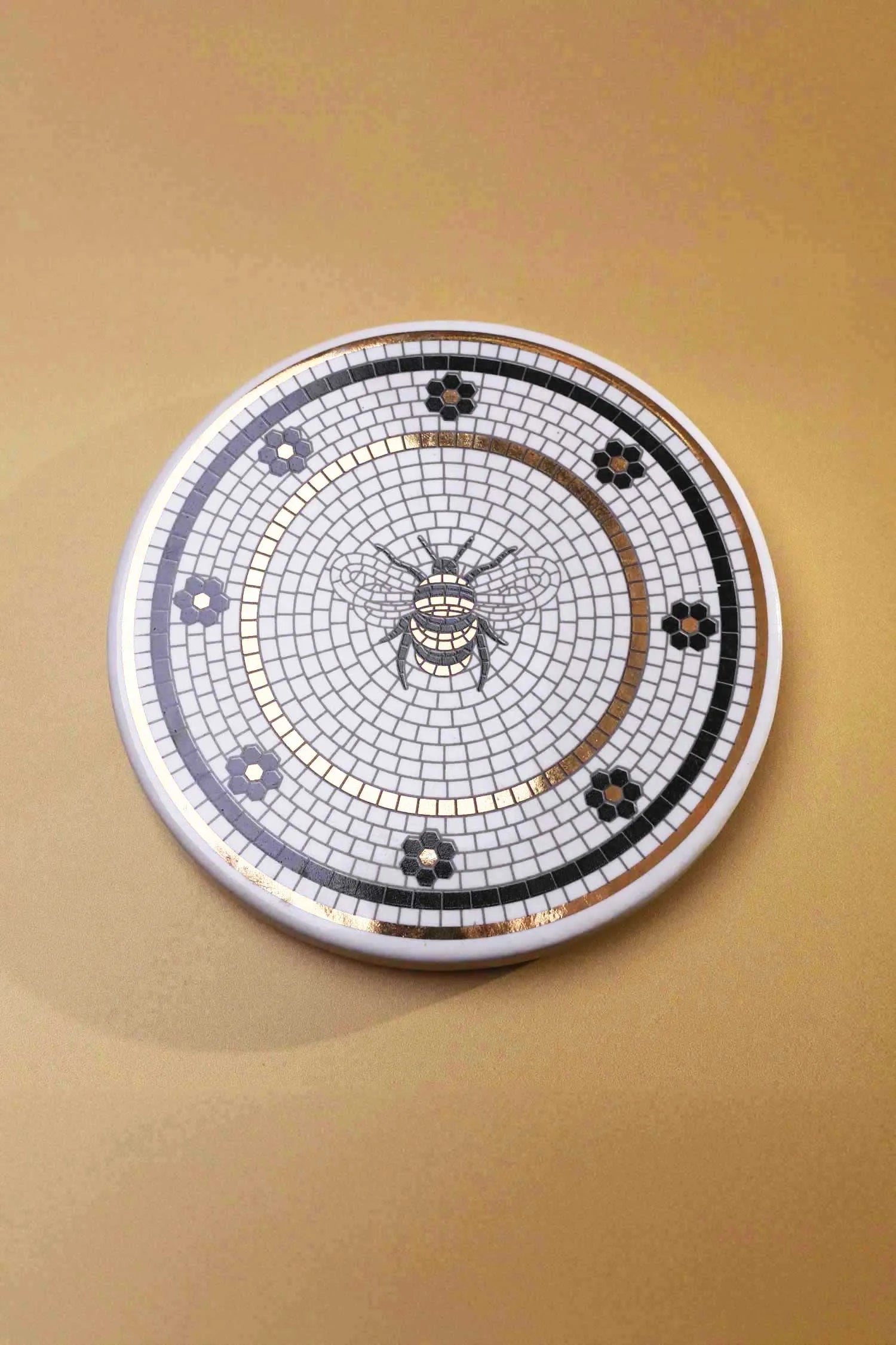 British Pub Bee Handcrafted Mosaic Coaster Black, White &amp; Gold Tile Art - G Decor