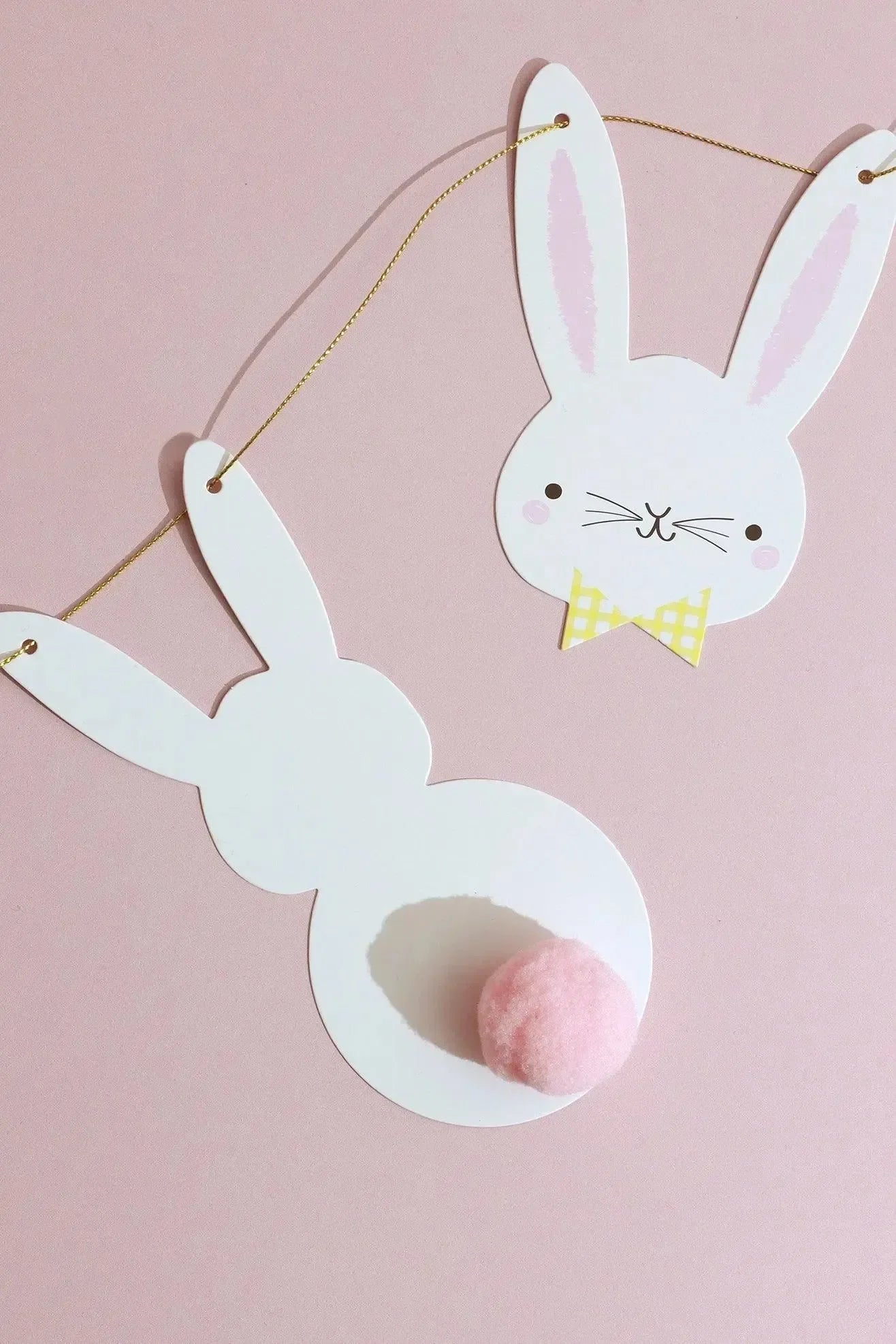 Bunny Bunting with White Rabbit Faces and Silhouettes with Pom Pom Tails - G Decor