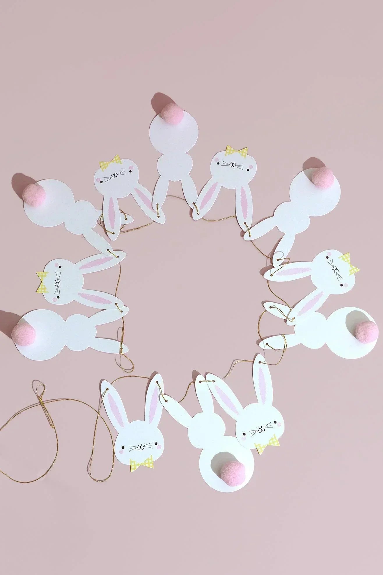 Bunny Bunting with White Rabbit Faces and Silhouettes with Pom Pom Tails - G Decor