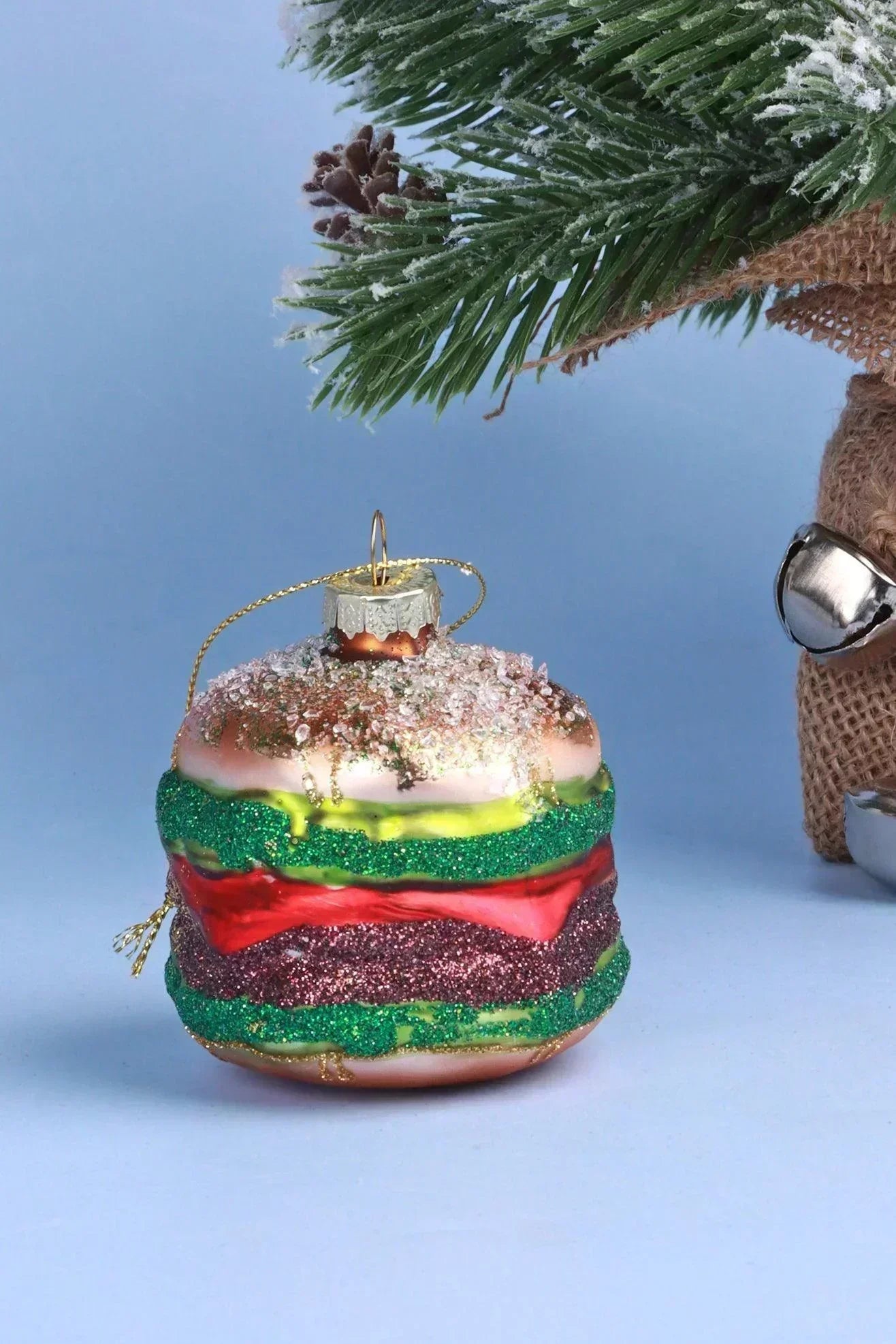 Hand-Painted Burger Feast Glass Christmas Bauble — close-up view, G Decor