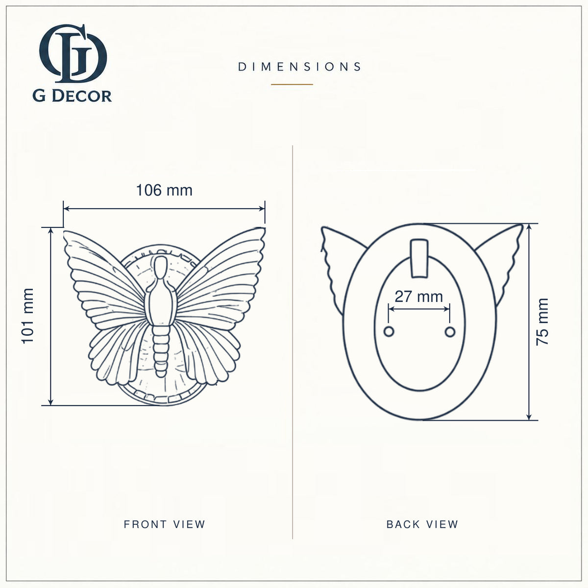 Size drawing of the brass butterfly door knocker: 106 mm (4.17 in) wide and 101 mm (3.98 in) tall; oval back plate 75 mm (2.95 in) tall; screw holes 27 mm (1.06 in) apart