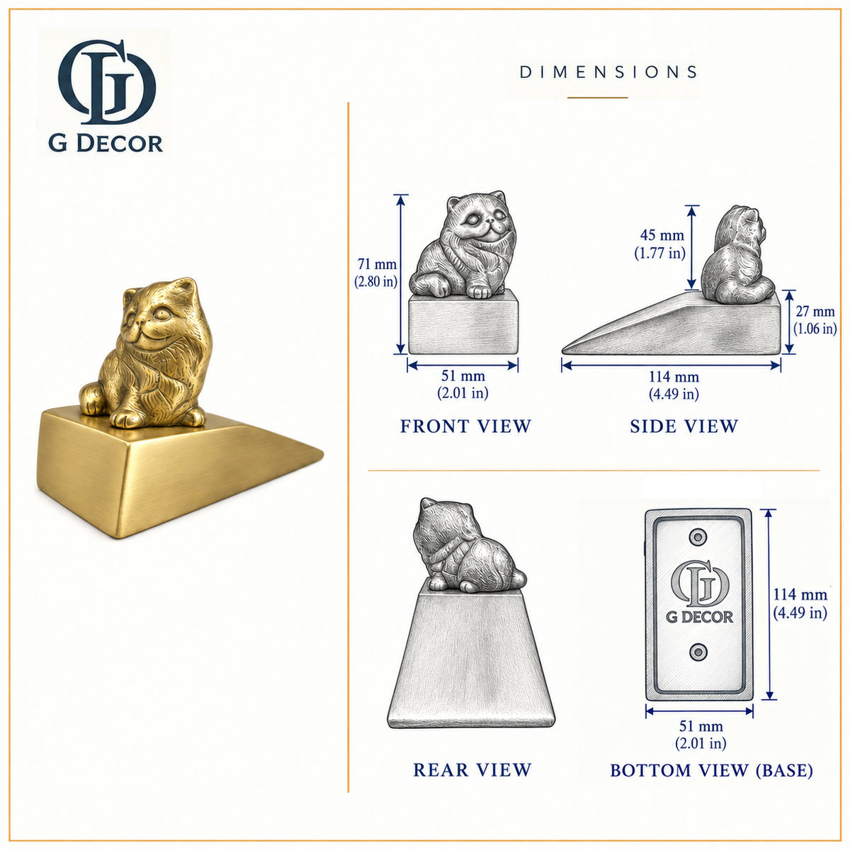 Size drawing of the cat door stopper: 71 mm high, 114 mm long, 51 mm wide