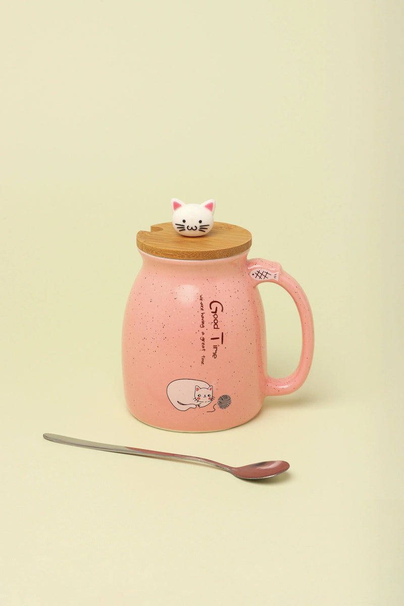 Cute Cat Ceramic Coffee Mug with Lid and Spoon — Multipack