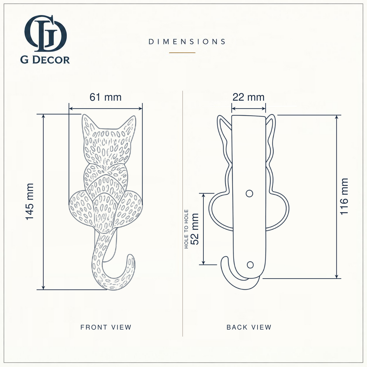 Size drawing of the brass cat door knocker: 145 mm (5.71 in) tall and 61 mm (2.40 in) wide; back plate 116 mm (4.57 in) tall and 22 mm (0.87 in) wide; screw holes 52 mm (2.05 in) apart