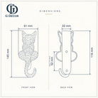 Size drawing of the brass cat door knocker: 145 mm (5.71 in) tall and 61 mm (2.40 in) wide; back plate 116 mm (4.57 in) tall and 22 mm (0.87 in) wide; screw holes 52 mm (2.05 in) apart