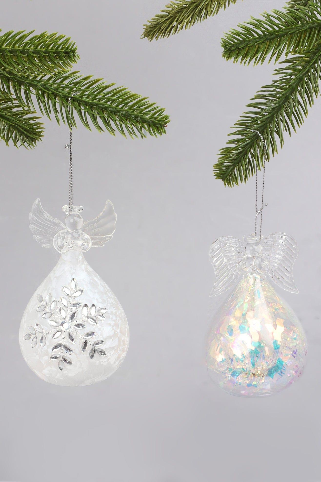 Celestia Glass Light-Up Angel Ornament Snowflake Frost & Frosted Pearl Designs - G Decor