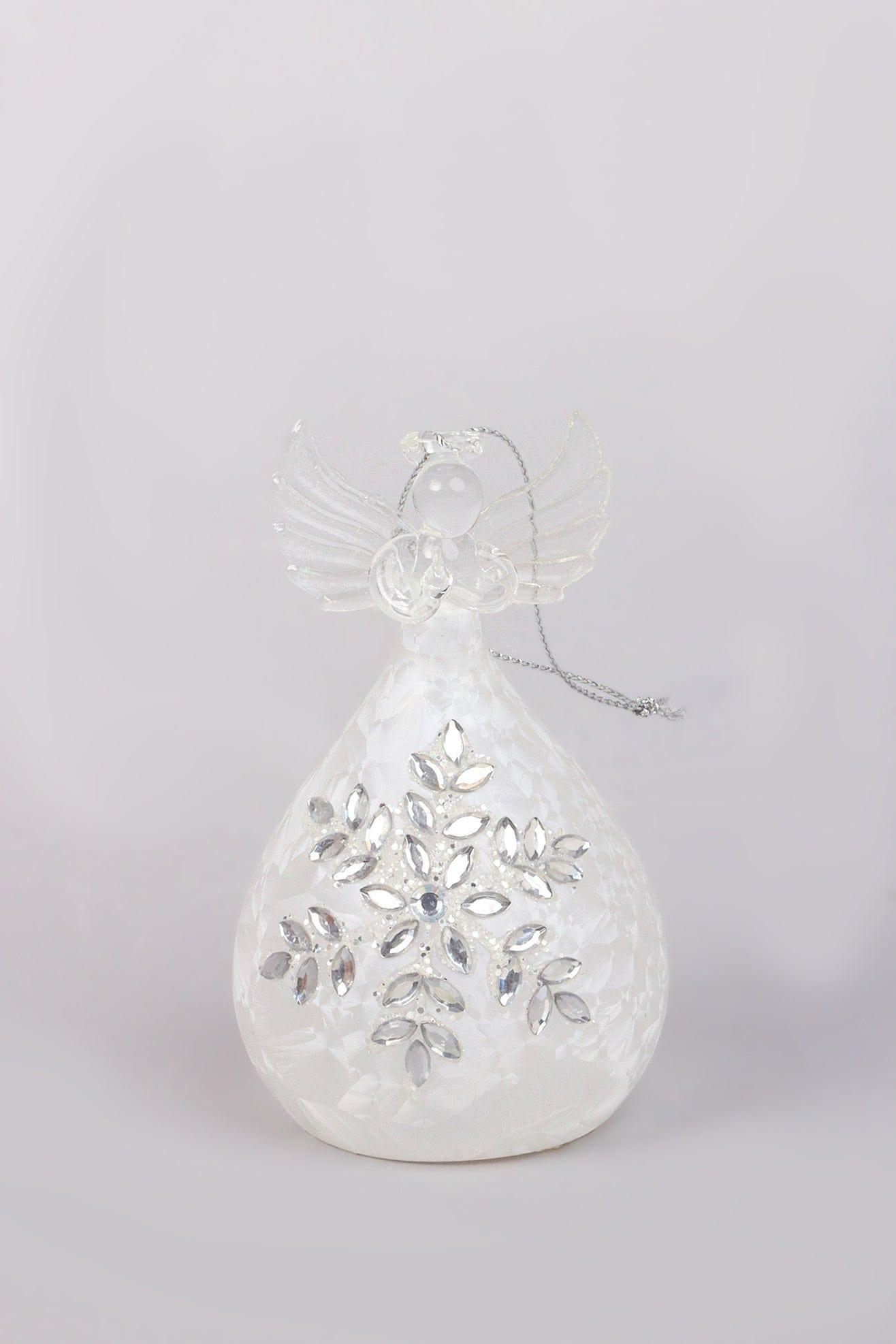 Celestia Glass Light-Up Angel Ornament Snowflake Frost & Frosted Pearl Designs - G Decor