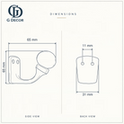 Size drawing of the ceramic ball hook: 65 mm tall, 65 mm out from the wall, back plate 31 mm wide, screw holes 11 mm apart