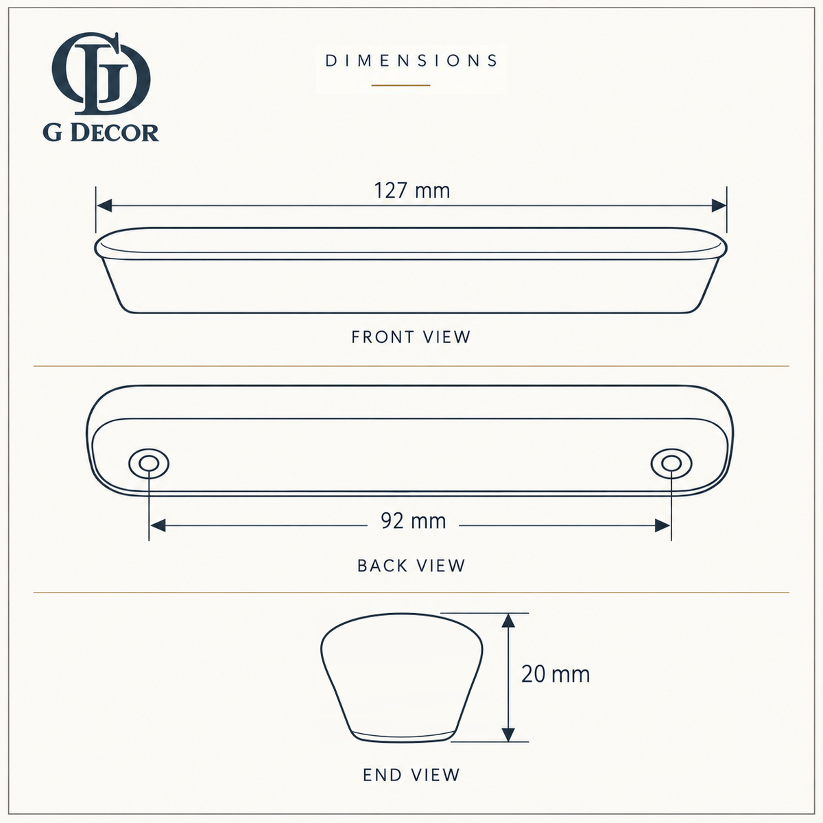 Size drawing of the ceramic bar handle: 127 mm long, screw holes 92 mm apart, 20 mm from the door