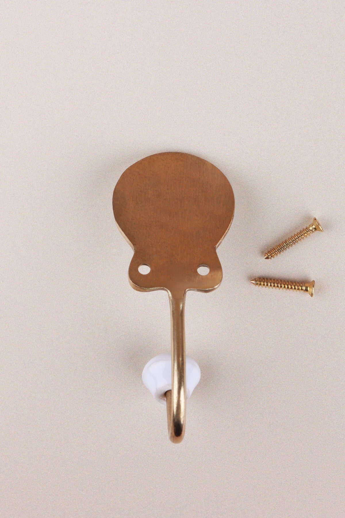 Back of the hook: the flat gold-tone back plate with its two screw holes and the J hook, shown with two gold-coloured screws