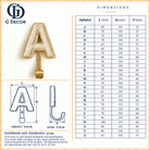 Size drawing of the ceramic letter hooks: width, height and projection for every letter A to Z